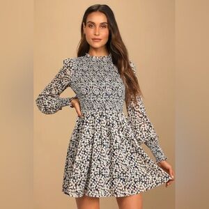 Lulus Floral Forever Navy Blue Floral Print Smocked Skater Dress